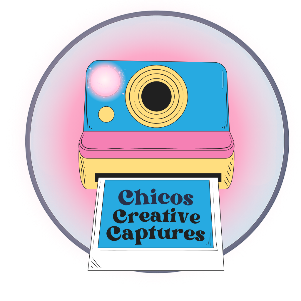 Blue Polaroid camera with pink blossom circle background with image printing out with the text "chico's creative captures"